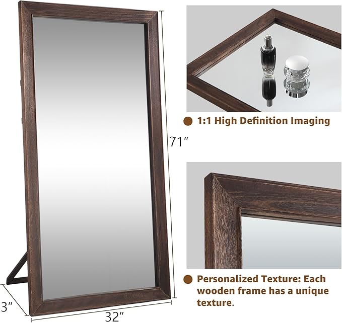 MELOMOIR 71"x32" Rustic Farmhouse Full Length Mirror with Wood Frame, Free Standing Leaning or Hanging, Suitable for Bedroom Living Room Home Gym Cloakroom, Charcoal-Grilled Brown