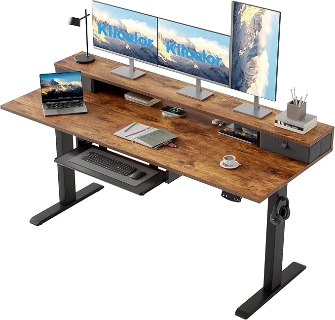 Klicelor 63 Inch Electric Standing Desk with Drawers and Keyboard Tray, Height Adjustable Desks for Home Office, Sit Stand Up Computer Workstation with Two Pieces, Rustic Brown