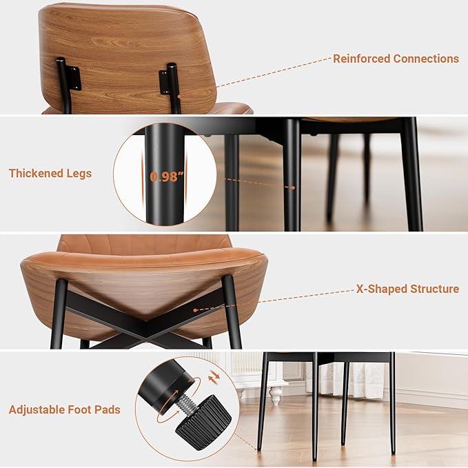 Dining Chairs Set of 8, Dining Room and Kitchen Chairs, Mid Century Modern Accent Chair, Upholstered PU Leather Chairs for Vanity with Walnut Bentwood and Metal Legs, Light Tan