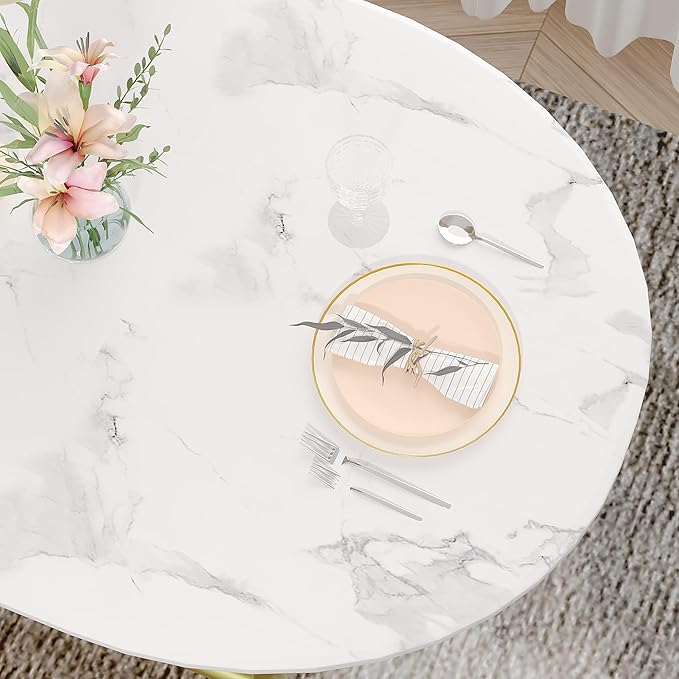 VECELO 3-Piece Dining Table Set for Kitchen Breakfast Nook, Wood Grain Oval Tabletop and Metal Frame with Built-in Wine Rack, for Small Spaces, White & Gold