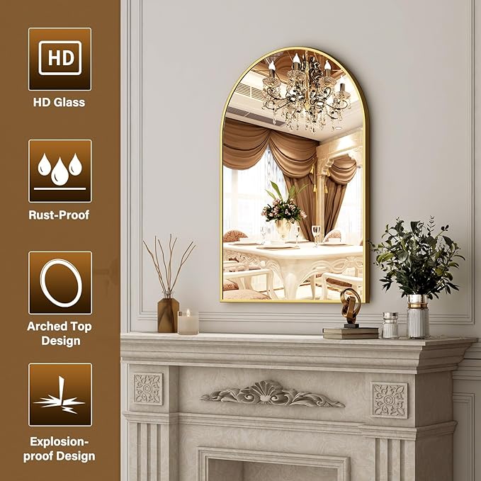 26"x38" Arched Wall Mirror for Bathroom, Gold Vanity Mirror for Bedroom, Living Room, Entryway, Decorative Hanging Mirror for Wall