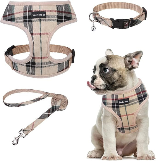 SCENEREAL No Pull Dog Harness Collar and Leash Set for Small Sized Dogs, Soft Mesh Step in Plaid Harnesses for Fall Winter, Adjustible Pet Vest for Outdoor Walking Training and Running