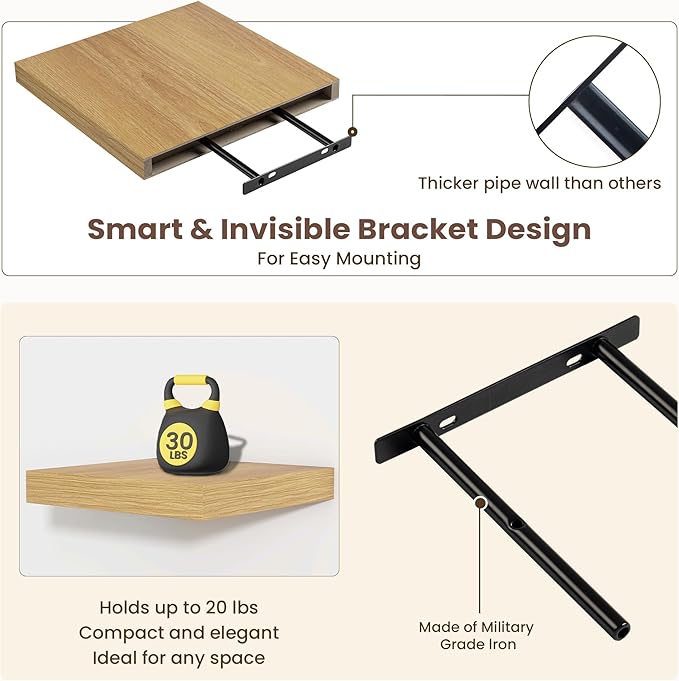 Fun Memories Square Floating Shelves for Wall - 12 Inch Deep Floating Shelves with Invisible Brackets, Oak Small Wall Shelf for Living Room, Bathroom, Bedroom, and Kitchen Decor，Set of 4