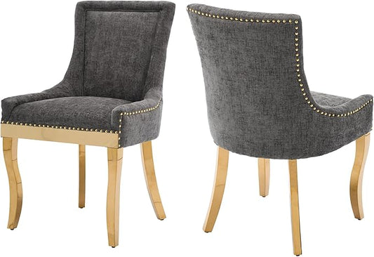 Luxury Fabirc Upholstered Dining Chairs Set of 2,Neutral Chenille Kitchen Room Chair with Nailhead Trim,Modern Padded Side Chairs for Dining Room,Living Room,Bar (Grey-Gold, Set of 2)