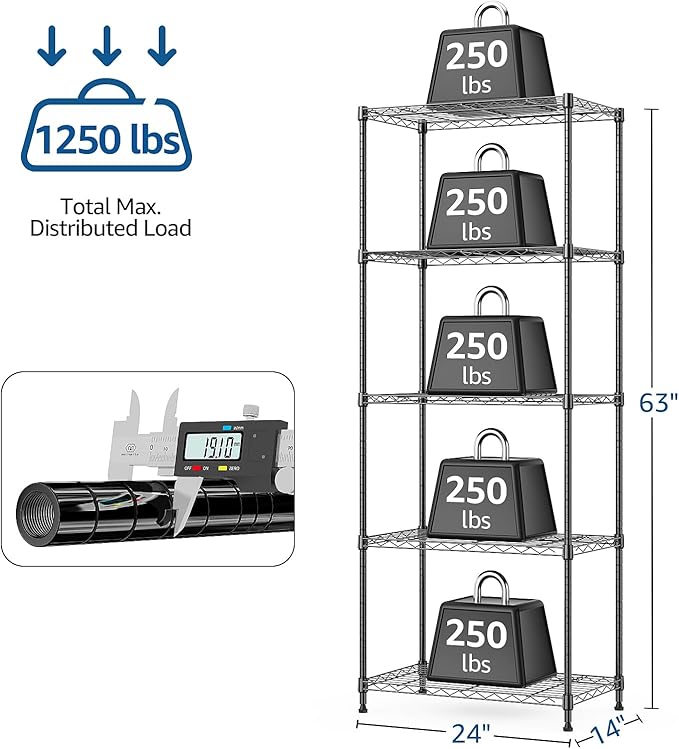 1250 lbs 5 Tier Shelf Metal Storage Shelves Wire Rack Closet Organizers with Wheel for Garage Kitchen Bathroom Laundry Black 13.7" D x 23.6" W x 62.4" H