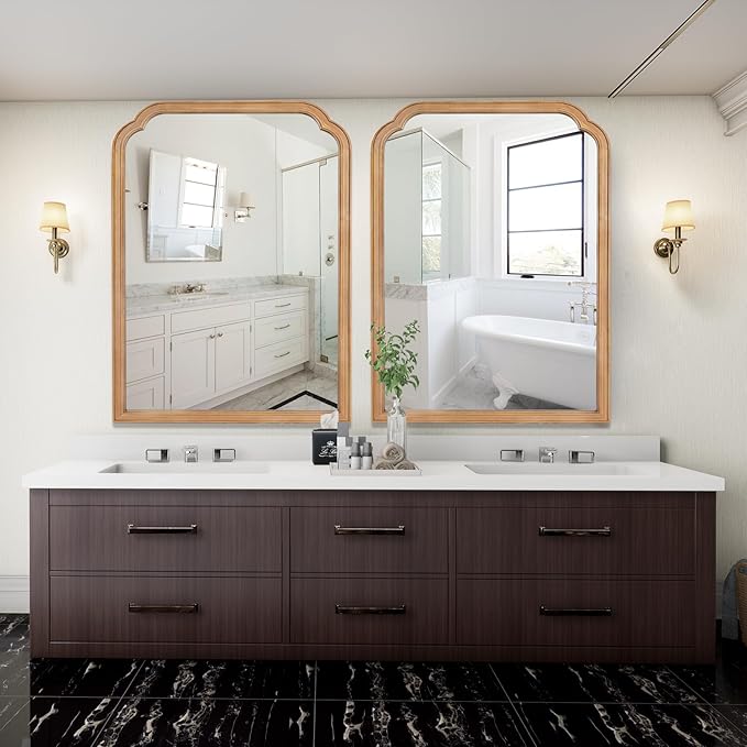 WallBeyond 30" x 40" Wood Bathroom Mirror for Wall Mounted, Rustic Rounded Corner Vanity Mirror for Entryway, Living Room or Bedroom Home Decorative [30" x 40" Natural Color]