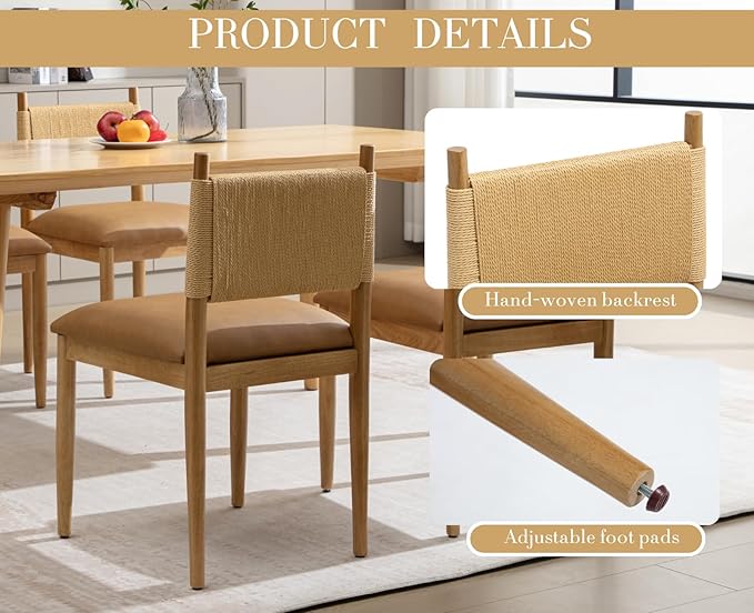 CIMOTA Faux Leather Modern Dining Chairs Set of 2, Mid Century Upholstered Dining Room Chairs with Woven Back, Armless Kitchen Chairs with Natural Solid Wood Legs, PU Brown