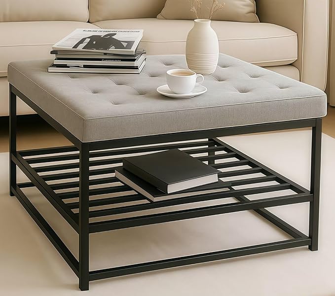 Ottoman Coffee Table with Upholstered Tufted Linen Fabric, Square Center Table with Storage Large Footrest Ottoman for Living Room Gray