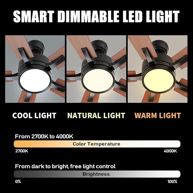 CEME 52" Ceiling Fan with Light and Remote, 10 Speeds Reversible DC Motor Outdoor Ceiling Fan, 3 Light Colors Dimmable Black, Compatible with Alexa, Siri & Google Home, Black & Brown