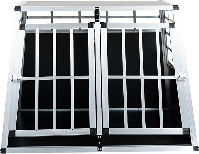Double Door Travel Dog Cage, Lockable Aluminium Pet Car Transport Crate with Removable Partition, Sturdy Construction for Small Cats and Dogs, Portable Puppy Carrier for Car Use
