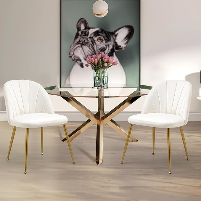 Velvet Dining Chairs Set of 6, Mid-Century Modern Upholstered Kitchen Chair with Metal Gold Legs for Living Room, Dining Room, White