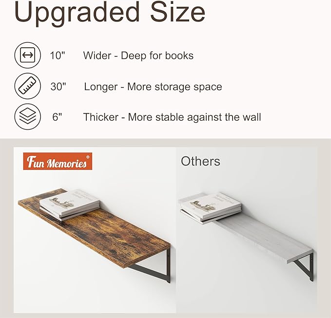 10 Inch Deep Floating Shelves, Floating Shelves 30 Inch Long, Rustic Wood Wall Shelves 30"W x 10"D, Deep Floating Shelf with Bracket, Wide Storage Shelves for Living Room, Bathroom, Rustic Brown
