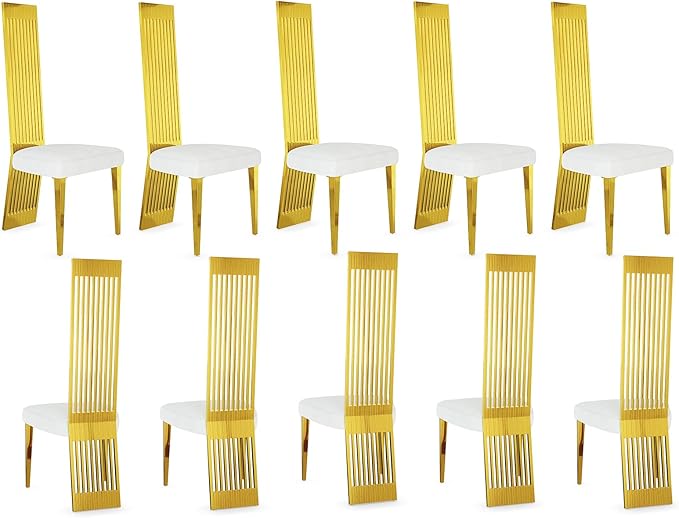 White and Gold Dining Chairs Set of 10, Upholstered Dining Room Chairs, Modern Luxury Chairs with High Back and Polished Gold Metal Legs for Kitchen/Living Room/Restaurant