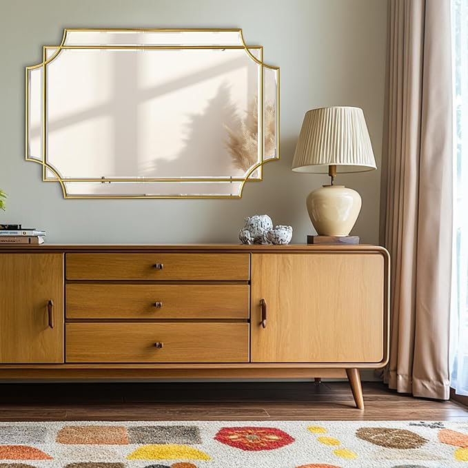 Gold Beveled Mirror, 20"x30" Bathroom Vanity Mirrors for Over Sink, Modern Rectangle Mirror with Wood Frame, Elegant Decorative Mirrors for Living Room Bedroom Fireplace Entryway Hallway