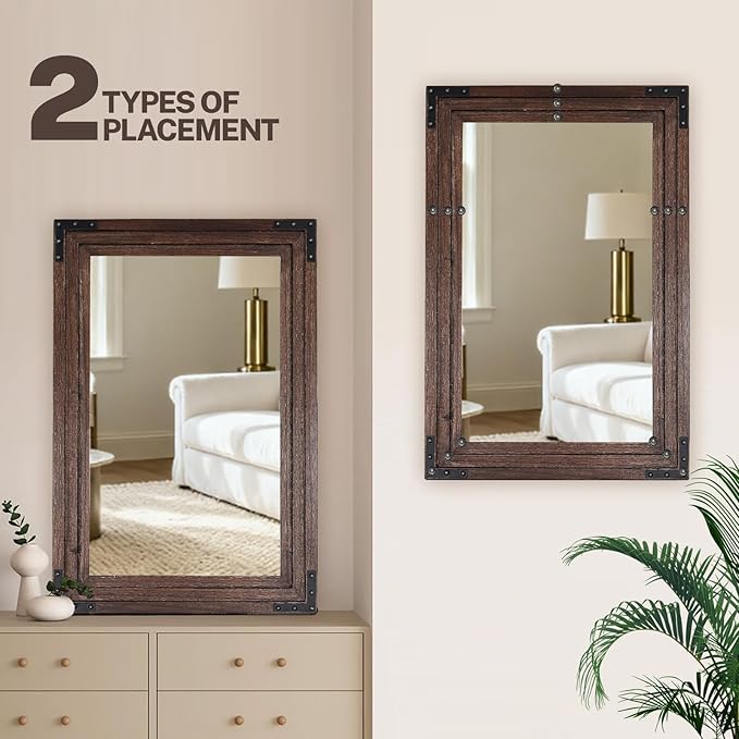 Full Length Mirror 30"x20" Solid Wood Frame Floor Standing Mirror, Hanging or Leaning Wall-Mounted for Living Room, Bedroom, Brown