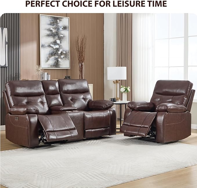 CANMOV Genuine Leather Power Recliner Sofa Set, Power Recliner Chair and Loveseat Set, 2 Pieces Leather Couch with Storage Console, USB Ports, Cup Holders for Living Room,Dark Brown