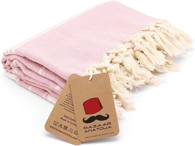 Bazaar Anatolia Turkish Beach Towel – 100% Cotton, Quick Dry, Sand Free Towel for Bathroom, Camping, Travel – Oversized 71x39 Inches – Stripe Pink