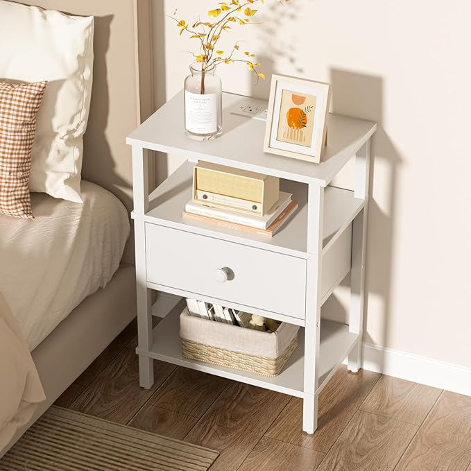 Lerliuo Nightstand with Charging Station and USB Ports, 3-Tier Storage End Table with Drawer Shelf, Night Stand for Small Spaces, Wood Bedside Table for Living Room, Bedroom - Elegant White