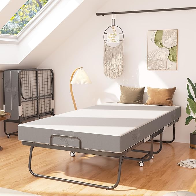 Folding Bed with Mattress, 75" x 38" Twin Size Rollaway Bed on Wheels, Foldable Metal Frame & Storage Pocket, Space-Saving Portable Cot for Adults, Home, Office, Apartment