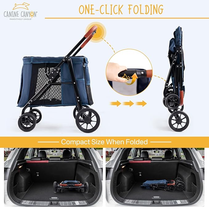 Upgraded 4 Wheels Pet Stroller for Small/Medium Dogs- One Button Fold, Adjustable Mesh Windows and Shades, 360° Swivel Front Wheels and Rear Wheel Brake