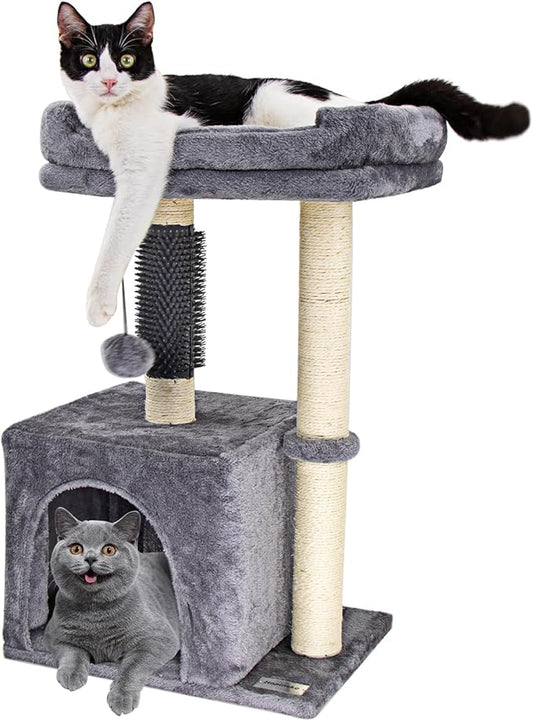 26.8" Small Cat Tree Tower,Cat Scratching Post for Indoor Cats,Featuring with Cat Cave & Cozy Perch,Cat Self Groomer and Interactive Dangling Ball Great for Kittens/Cats (Light Gray, Medium)