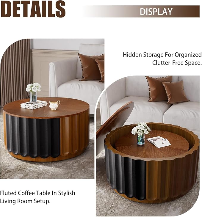 Modern Round Storage Side Tables Set, Dark Walnut and Black Finish, Fluted Wood Design, Hidden Storage, Nesting Coffee Tables for Living Room