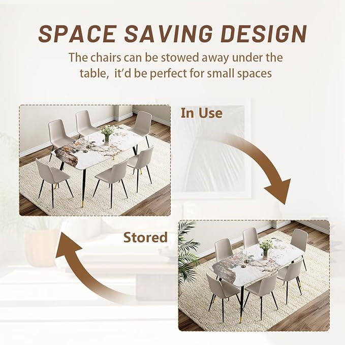 7 Piece Modern Dining Set, 62'' Sintered Stone Dinner Table for 6, Easy to Assemble