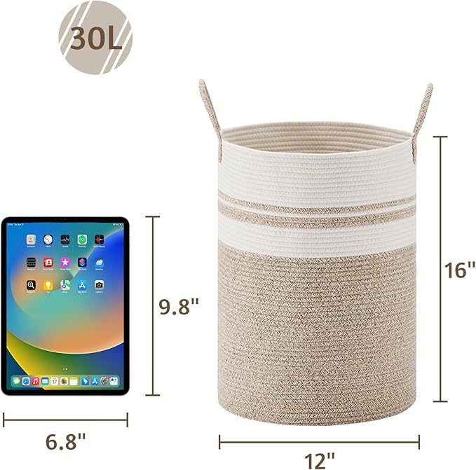 VIPOSCO Tall Laundry Hamper, Woven Rope Storage Basket for Blanket, Toys, Dirty Clothes in Living Room, Bathroom, Bedroom - 30L Brown & White
