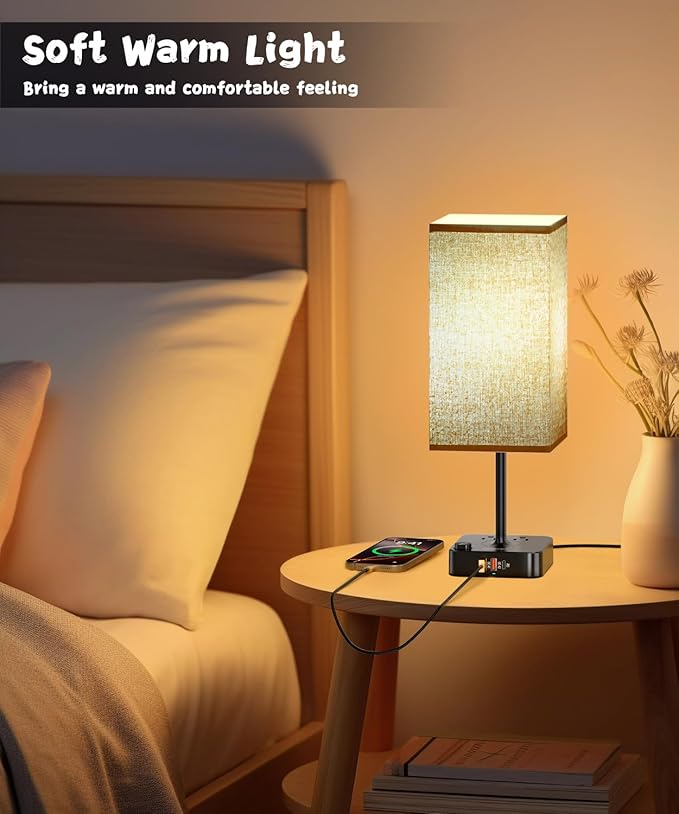 Bluetooth/WiFi RGB & USB Bedside Table Lamp with 3 USB Charging Ports 2 Outlets Power Strip, LED Light Bulb Dimmable, Music Sync Color Changing Light (RGB - Brown Shade)