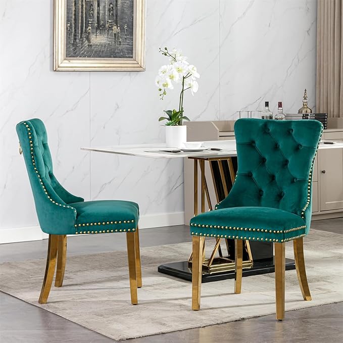 70" Marble Dining Table Set for 6, Modern 7 Piece Dining Room Table Set with White Faux Marble Dining Table & 6 Green Velvet Upholstered Chairs, Luxury Gold Kitchen Table Chairs Set of 6