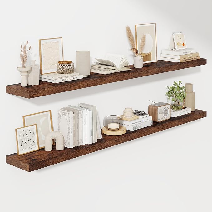 Fun Memories 72 Inch Floating Shelves for Wall, Fireplace Mantel Shelf with Invisible Heavy Duty Bracket, 8 Inch Deep Storage Shelf for Living Room, Kitchen, Farmhouse, Brown (2-Pack)