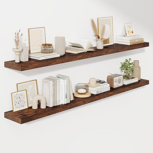 Fun Memories 72 Inch Floating Shelves for Wall, Fireplace Mantel Shelf with Invisible Heavy Duty Bracket, 8 Inch Deep Storage Shelf for Living Room, Kitchen, Farmhouse, Brown (2-Pack)
