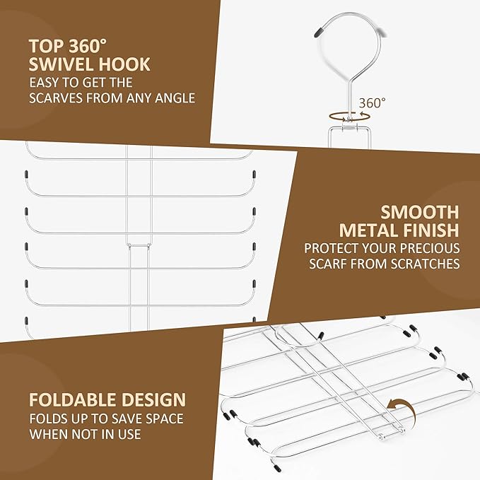 ZEDODIER Scarf Organizer Scarf Hanger for Closet, 2 Pack Rotatable Sturdy Hijab Holder Holds 40 Scarves, Space Saving Closet Organizers and Storage, Silver