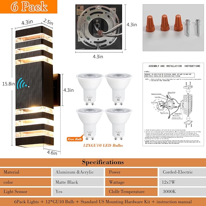 6 Pack Dusk to Dawn Outdoor Light Fixture,14W IP65 3000K 1100LM Warm White,Exterior Lights for House, Up and Down Outdoor Sconce Lights, Aluminum Outdoor Lights for House Porch Garage
