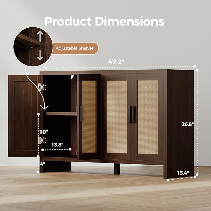 Mericonia Rattan Buffet Cabinet with Storage, Sideboard Cabinet with Doors and Adjustable Shelves, Farmhouse Coffee Bar Station Table, Modern Wood Cupboard for Kitchen, Livingroom, Walnut