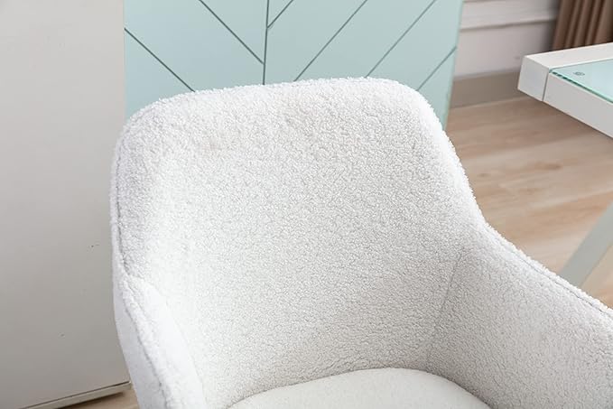 Goujxcy Fluffy Desk Chair, Faux Fur White Vanity Chair Swivel Office Chair for Girls Women, Height Adjustable Cute Teddy Furry Makeup Chairs for Bedroom Home Office