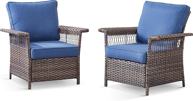 Wicker Outdoor Chairs Set of 2 - Hollow Widen Armrests Patio Furniture Set with Comfortable Thickened Cushion, High Back Outdoor Rattan Chairs for Balcony Porch Deck and Yard - Brown - Blue