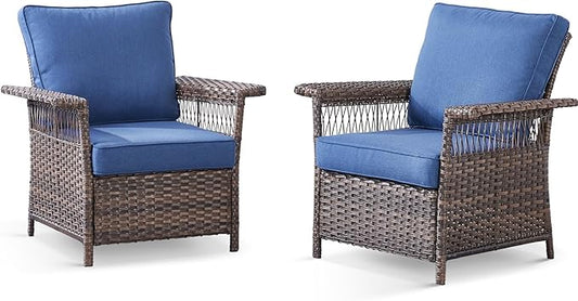 Wicker Outdoor Chairs Set of 2 - Hollow Widen Armrests Patio Furniture Set with Comfortable Thickened Cushion, High Back Outdoor Rattan Chairs for Balcony Porch Deck and Yard - Brown - Blue