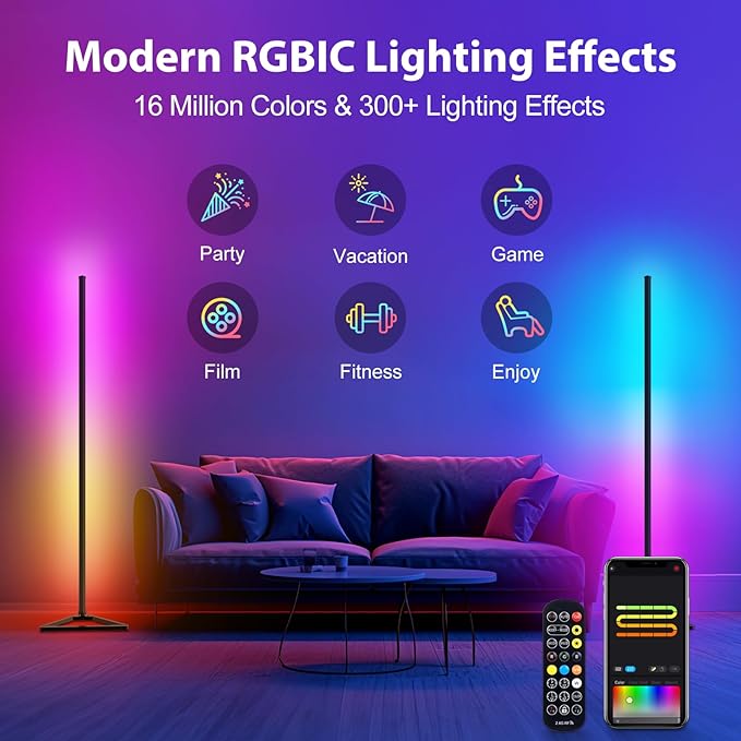 RGBIC Floor Lamp,16 Million Colors LED Floor Lamps 141 cm Lamps for Living Room with Music Sync,Standing Lamp with App and Remote Control,Gaming Ambient Lighting Corner Lamp Bedroom Decor