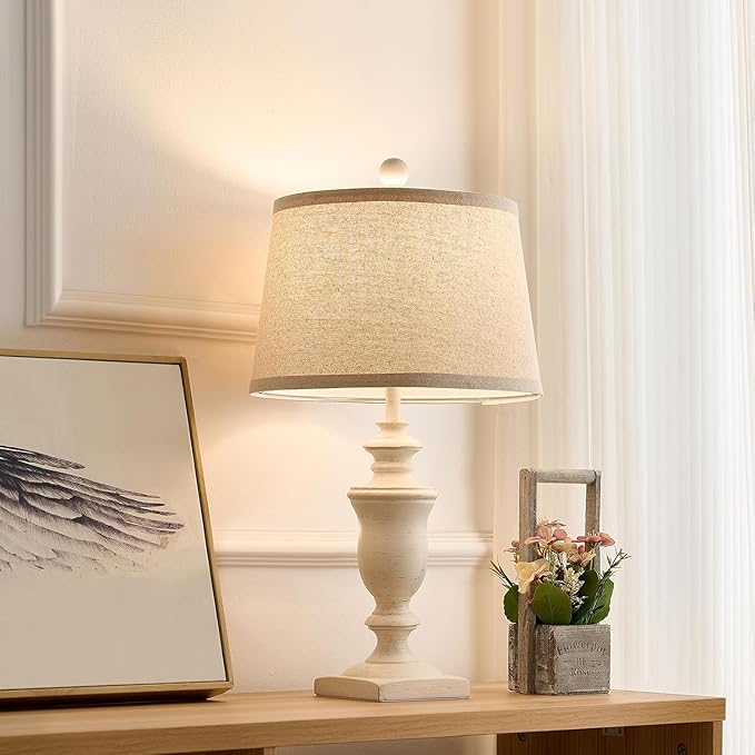 23" Farmhouse Table Lamps Set of 2, 3 Way Dimmable Lamps with 2 LED Bulbs and Rocker Switch, Vintage Nightstand Lamp for Bedroom Living Room Office End Table Entryway, White
