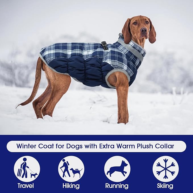 FUAMEY Dog Coat for Large Dogs,Waterproof Dog Winter Jacket with Harness Built in Puppy Cold Weather Coats Reflective Pet Vest with Zipper Warm Fleece Dogs Snowsuit Windproof Blue Plaid 3XL