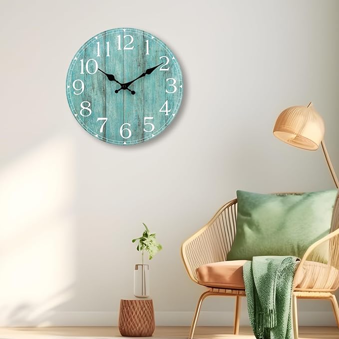 HYLANDA Wall Clock, Teal Silent Non-Ticking Battery Operated, Kitchen Rustic Vintage Decorative Aqua Clocks for Bathroom Bedroom Living Room Office 8 Inch