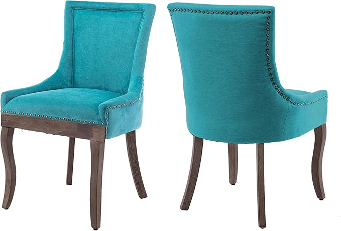 Farmhouse Dining Chairs Set of 2, Upholstered Fabric Dining Room Accent Chairs with Wood Legs & Bronze Nailhead, High Wingback Kitchen Chairs for Living Room Hotel Apartment, Blue