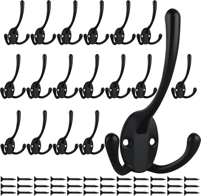 IBosins 18 Pack Big Heavy Duty Three Prongs Coat Hooks Wall Mounted with 36 Screws Retro Double Utility Rustic Hooks for Thick Coat, Big Heavy Bag