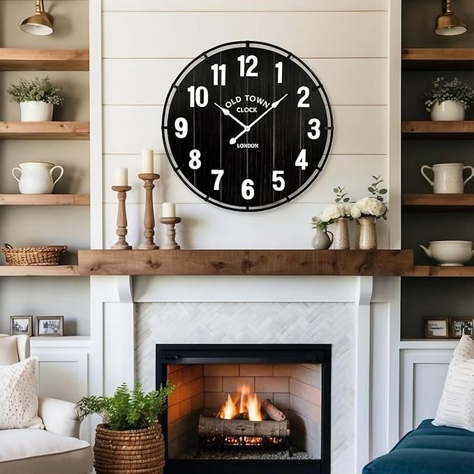Large Old Town Farmhouse Black Wall Clock 30 Inch Rustic Antique Wood with Metal Circle and Large Numerals Silent Battery Operated Wall Clock for Office Kitchen Bedroom Living Room