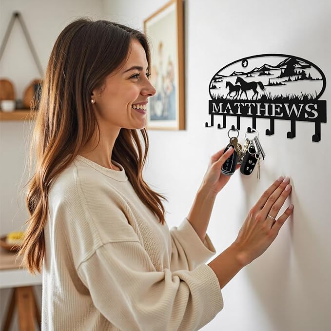 Personalized Galloping Horse Key Hook Wall Mount,Fashion Wall Key Holder of Galloping Horse in Mountain Landscape,Metal Key Rack for Wall Decor,Office,Entryway