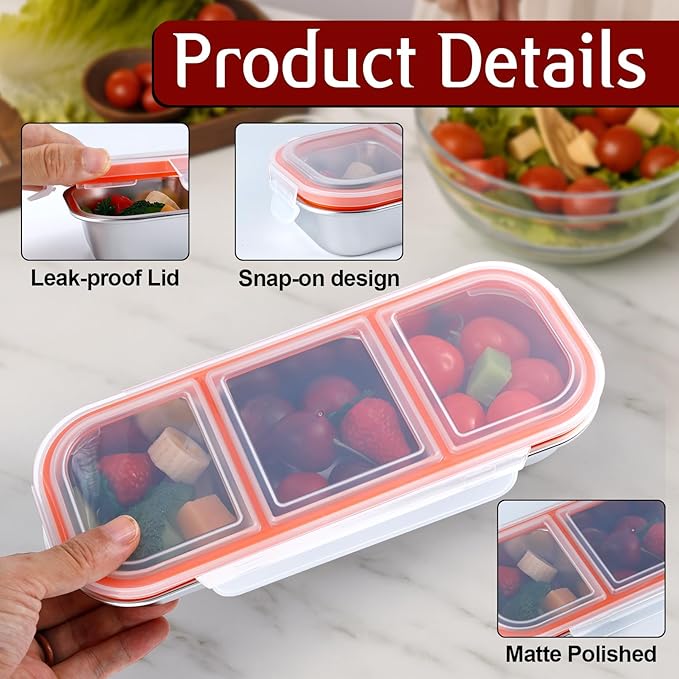 3 Pack Stainless Steel Snack Containers with Lids, 3 Compartment Food Storage Containers, Stackable Metal Divided Snack Box for Salads Picnic, Reusable Bento Lunch Box for Home Work Travel