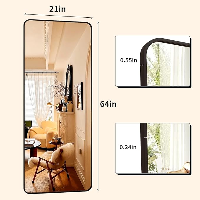 64"x21" Full Length Mirror, Full Body Rounded Corner Rectangle Mirrors with Stand, Standing or Leaning Metal Framed Floor Mirror, Wall Mounted Mirrors Hang Horizontally or Vertically, Black