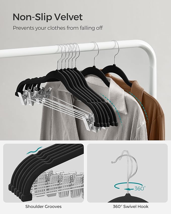SONGMICS 50-Pack Pants Hangers, 16.7-Inch Long Velvet Hangers with Adjustable Clips, Heavy-Duty, Non-Slip Skirt Hangers, Space-Saving for Pants, Skirts, Coats, Dresses, Black UCRF012B50