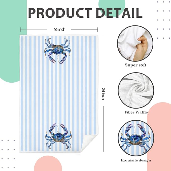 Blue Crab Coastal Bathroom Decor Hand Towels, Coastal Nautical Dish Tea Towels, Blue Striped Beach Ocean Animal Decorative Hand Towel for Bathroom Kitchen, 16x24 Inch